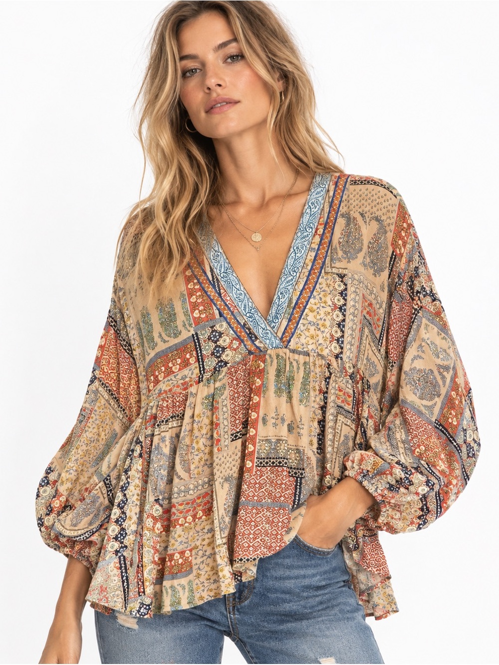 Ivy Jane Womens Patchwork Paisley Peasant Top Large Boho Balloon Sleeve Tunic